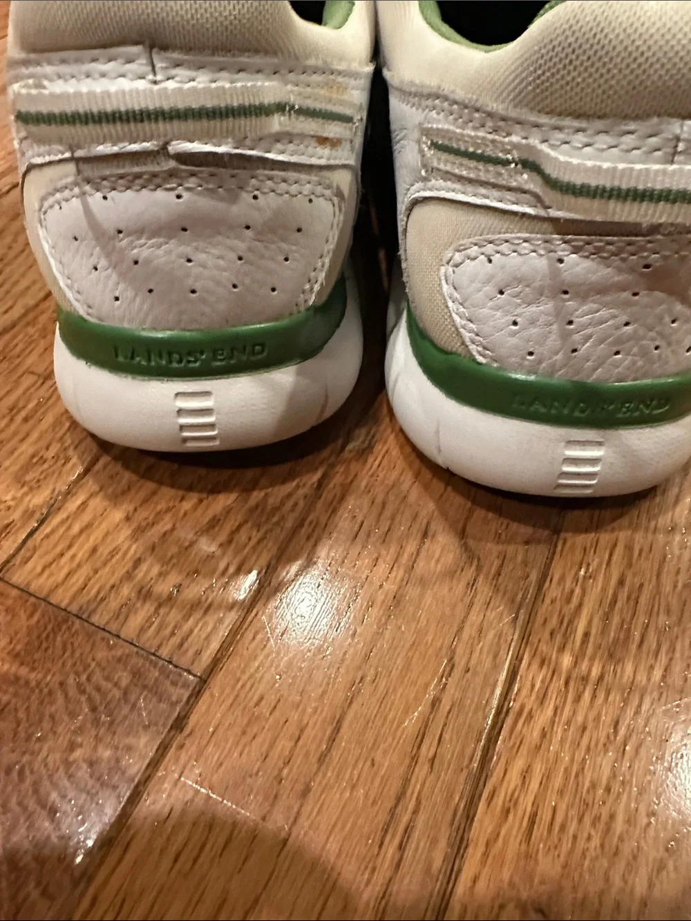 Lands' End Men's White Leather Sneakers with Green Trim